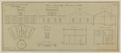 217592 Opstanden, doorsneden en plattegronden van de locomotievenloods met draaischijf bij het station van de H.IJ.S.M. ...